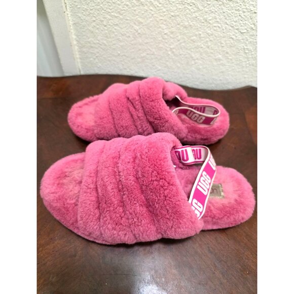 UGG Women's Pink Fluffy Shearling Slide Slippers With Elastic Strap Size 6 - Picture 4 of 10